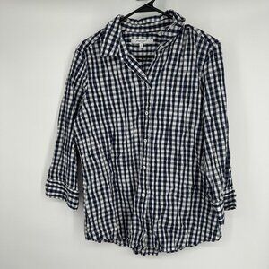 Foxcroft Women's Navy Blue Plaid Button down shirt‎ size 14 Shaped